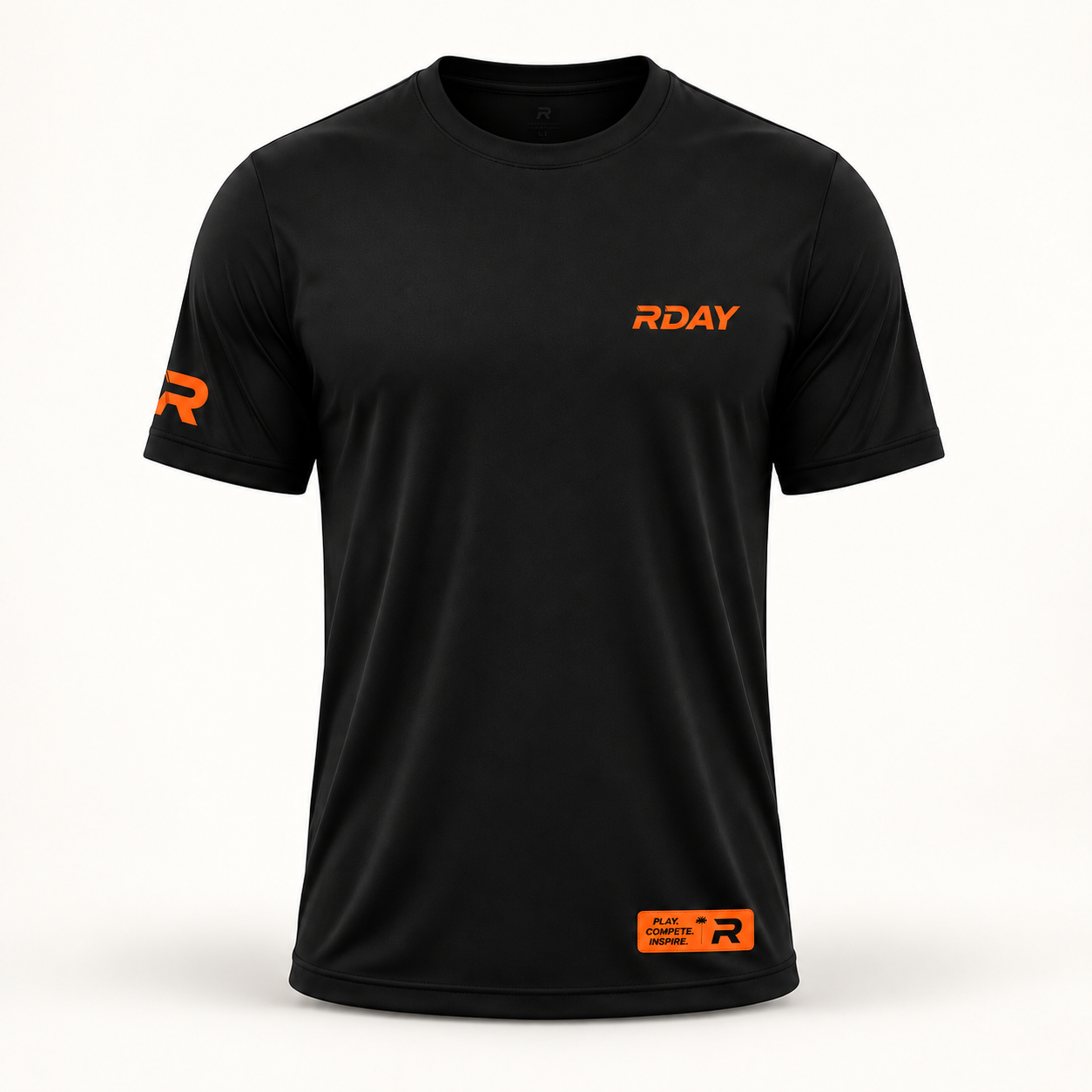 Camiseta RDAY Dry Premium Preta e Laranja Fluorescente, frente